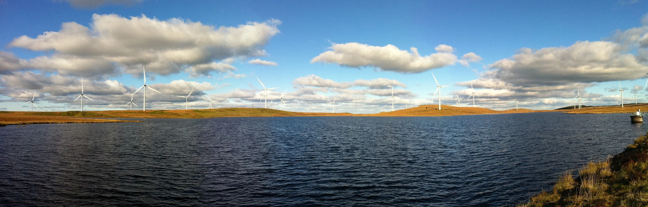 Whitelee Wind Farm across open moorland near Glasgow