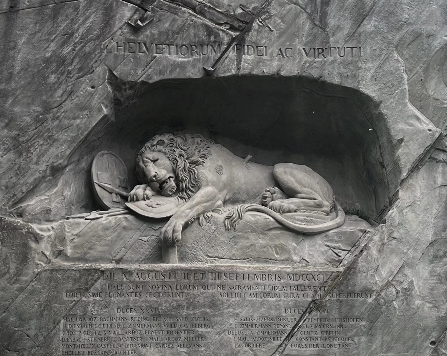 Lion Monument in Lucerne, Switzerland carved into stone